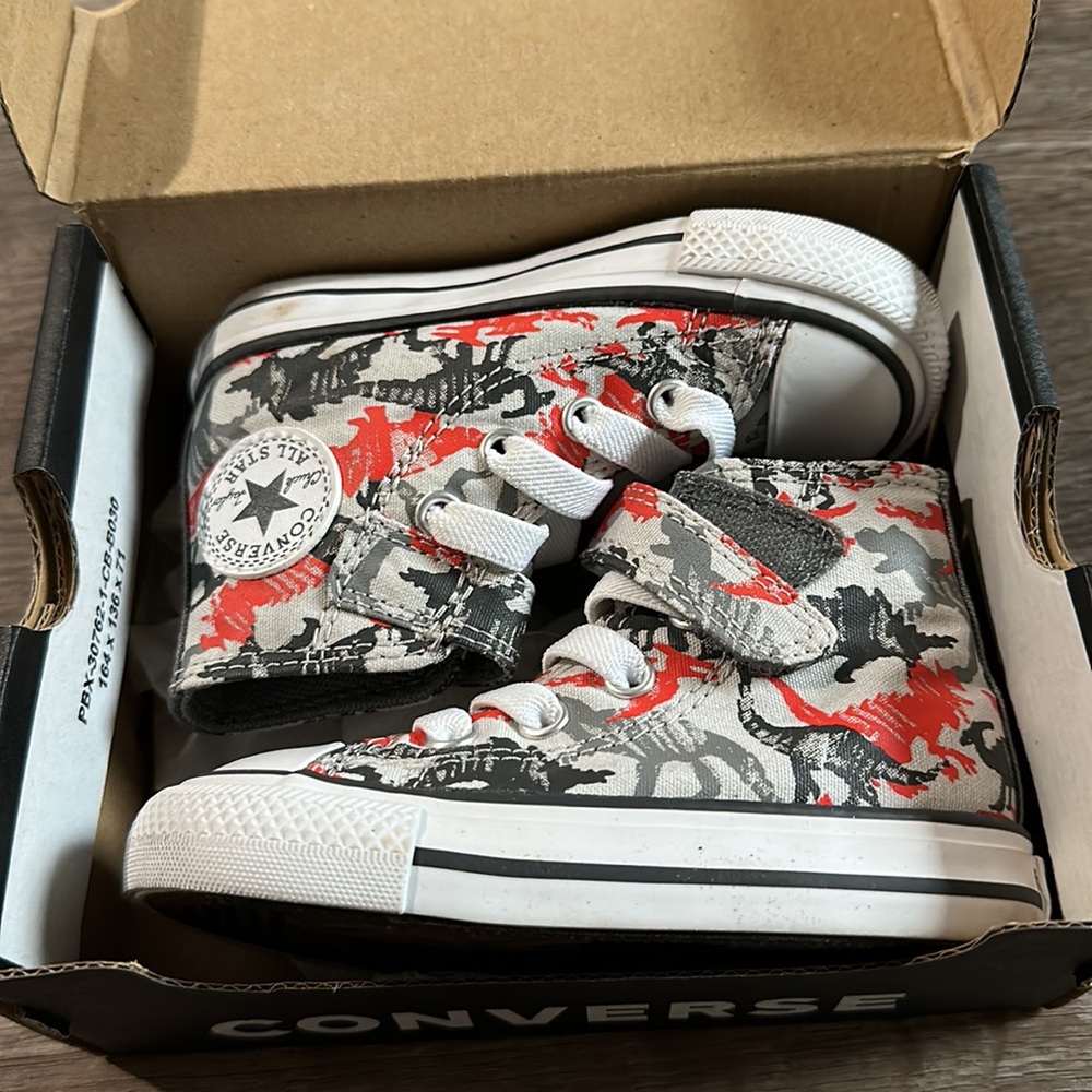 CONVERSE Toddler Boys High Tops Grey with Dinosaur Print Velcro and Elastic
